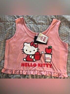 Hello Kitty Pink Women Mini Tank Crop Top Shirt Cup Noodles Sz Sm Ruffled Cutesy